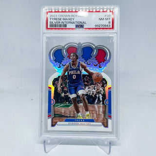 2023 Panini Crown Royale Tyrese Maxey Silver International 16/18 PSA NM-MT 8