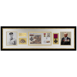 Keith Payne Vc Signed Collage With Full Size Vc Replica And Rising Sun Badge Framed