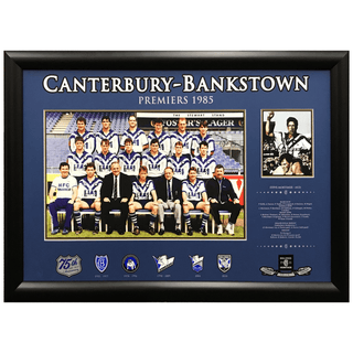 Steve Mortimer Signed Canterbury Bankstown Bulldog  1985 Team Photo Collage L/ED Framed