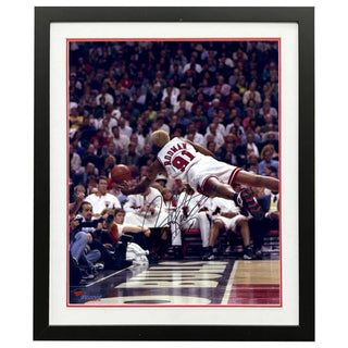 Dennis Rodman Bulls Autographed 16" x 20" Vertical Diving Coloured Photograph