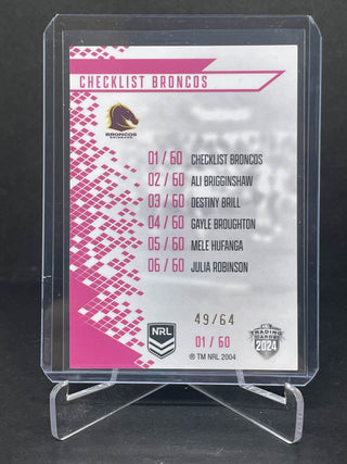 2024 NRL Elite Brisbane Broncos Checklist NRLW Mojo Pink Diamond 01/60 L/Ed 49/64