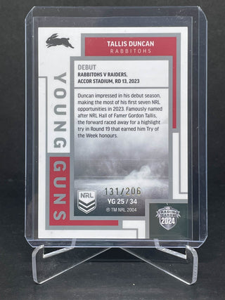 2024 NRL Elite Tallis Duncan South Sydney Rabbitohs Young Guns White YG 25/34 L/Ed 131/206