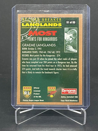 1994 Dynamic Record Breaker Graeme Langlands Kangaroos Most Points 51/55 Hand Signed!!