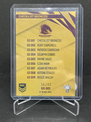 2024 NRL Traders Gold Special Brisbane Broncos Checklist GS 001 L/Ed 36/82