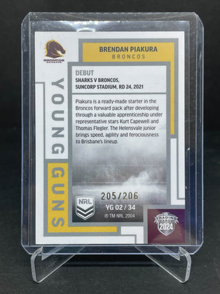 2024 NRL Elite Brendan Piakura Brisbane Broncos Young Guns White YG 02/34 L/Ed 205/206