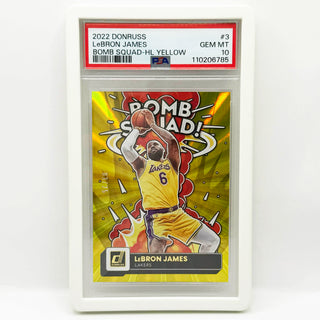 2022 Panini Donruss LeBron James Bomb Squad Holo Laser Yellow 03/25 PSA Gem Mint 10
