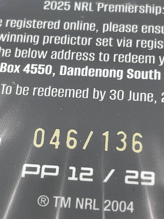 2025 NRL Traders Premiership Predictor PP 12 Penrith Panthers 046/136