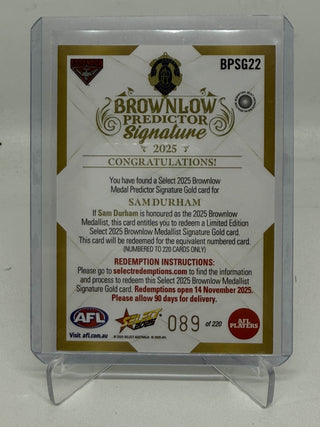 2025 AFL Select Footy Stars Brownlow Predictor Signature Sam Durham 089/220