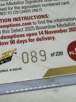 2025 AFL Select Footy Stars Brownlow Predictor Signature Sam Durham 089/220