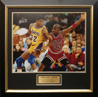 Magic Johnson Signed Michael Jordan Photo Framed