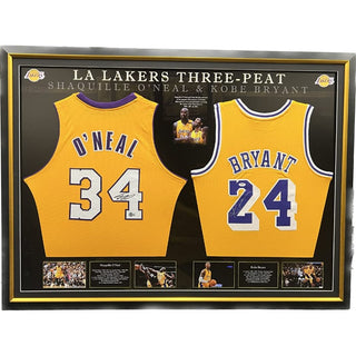 Shaq O’Neal and Kobe Bryant  signed LA Lakers 3-Peat Jerseys Framed PSA