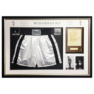 Muhammad Ali Signed Boxing Trunks Framed Display w/ Handprint Mold