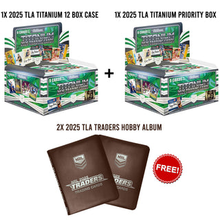 2025 TLA NRL Traders Titanium Sealed Trading Card 12-Box Case Plus Priority Box Combo + 2 Free Hobby Albums!