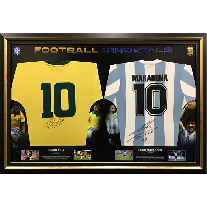 Cleanly drum swap Maradona and Pele Dual signed Double Jersey frame! - Icons of Sport